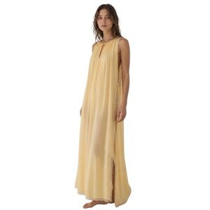 Vintage 80s Linda Lingerie Sheer Yellow Lace-Trimmed Long Slip Dress Nightgown M
